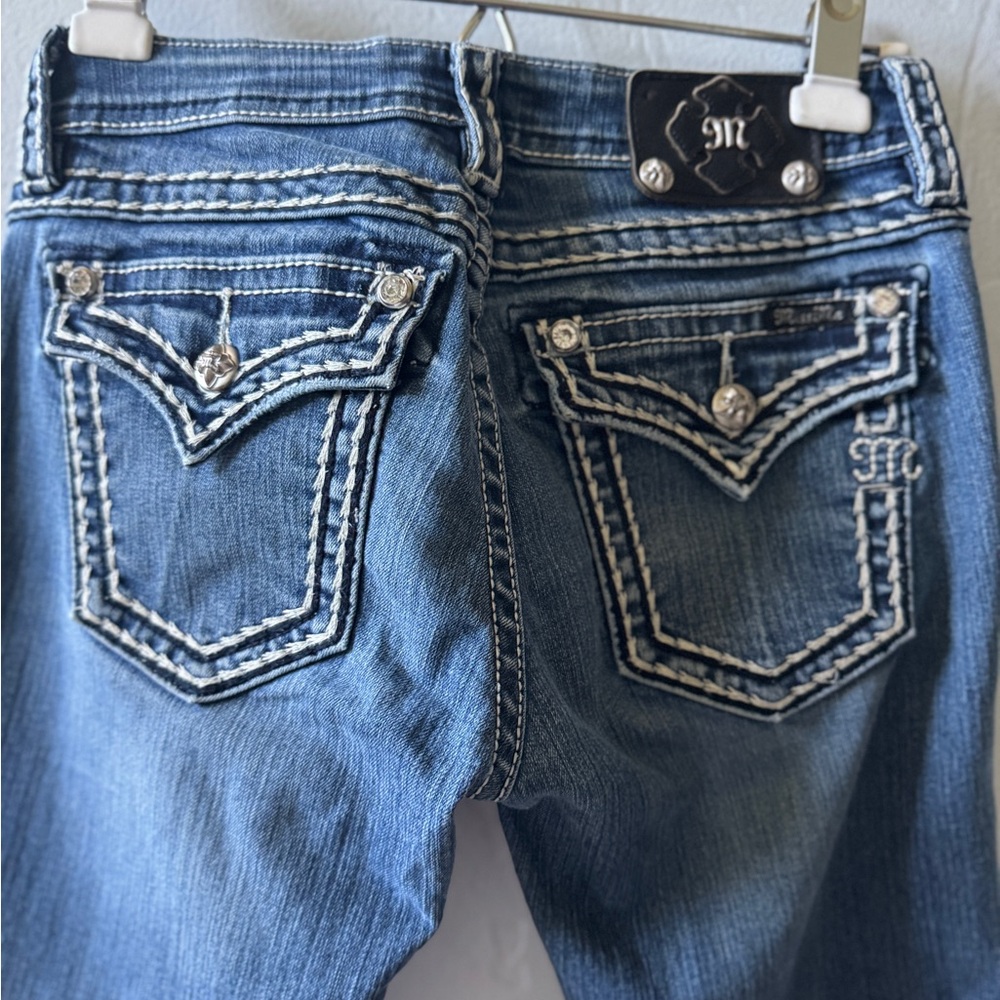 Miss Me Blue Jeans with Decorative Stitching and Rhinestones